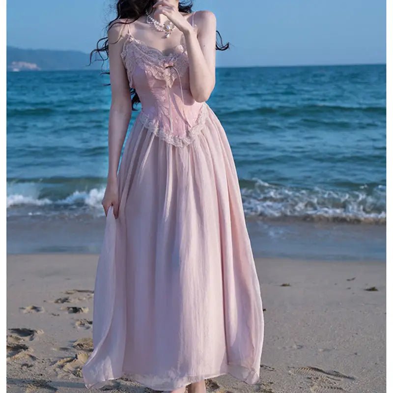 Velvet Baby Pink Tank Top with Lace and Rosebud Details - Cosparty