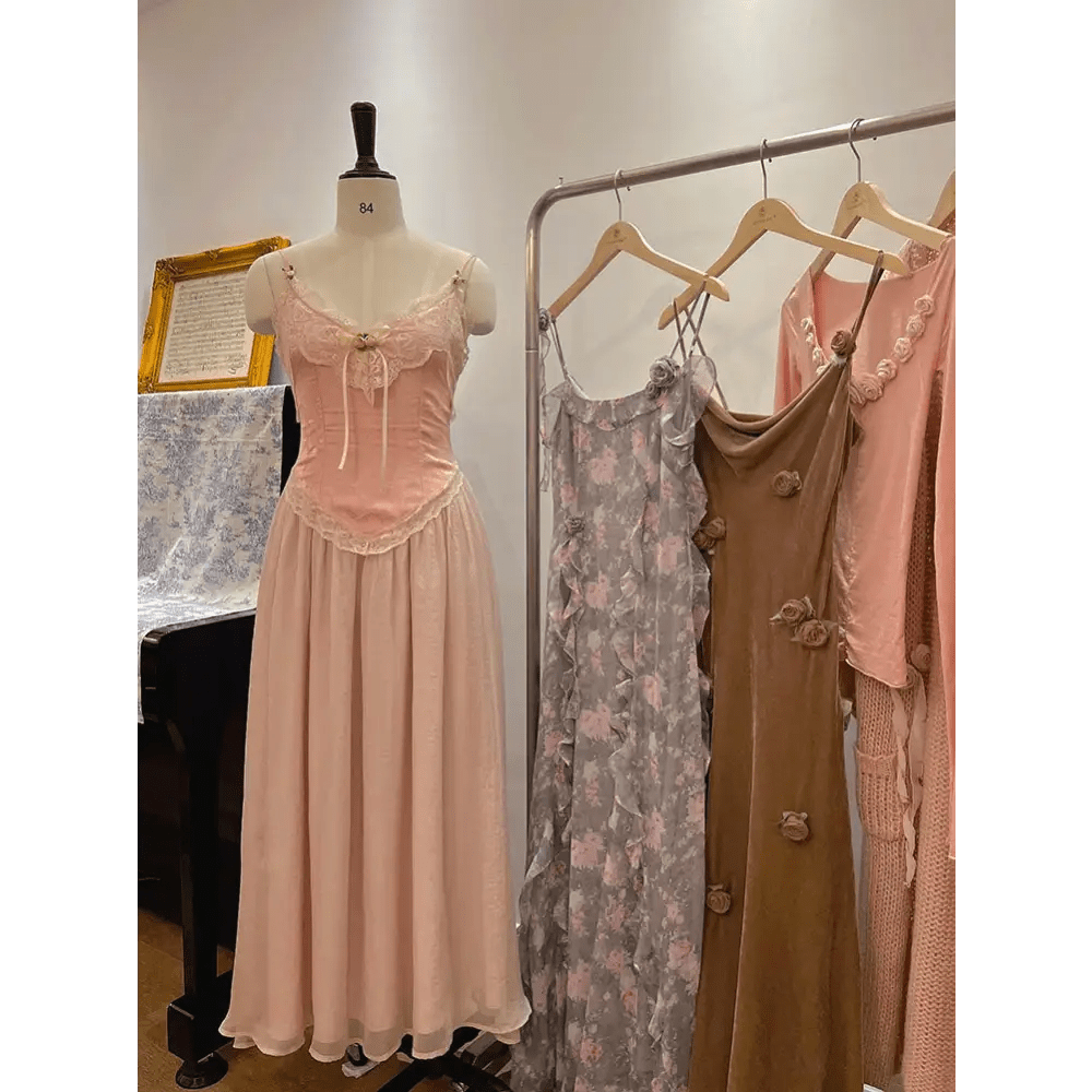 Velvet Baby Pink Tank Top with Lace and Rosebud Details - Cosparty