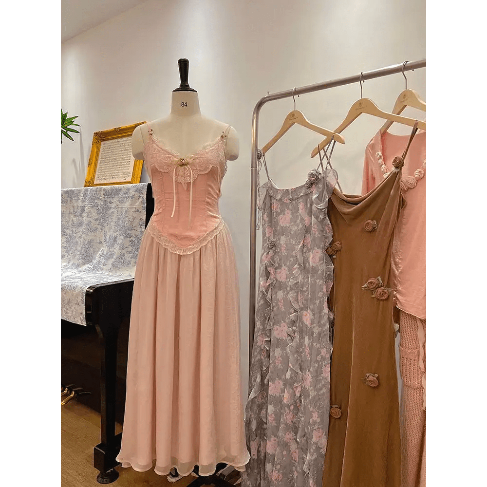 Velvet Baby Pink Tank Top with Lace and Rosebud Details - Cosparty