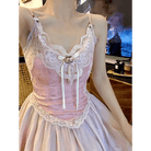 Velvet Baby Pink Tank Top with Lace and Rosebud Details - Cosparty