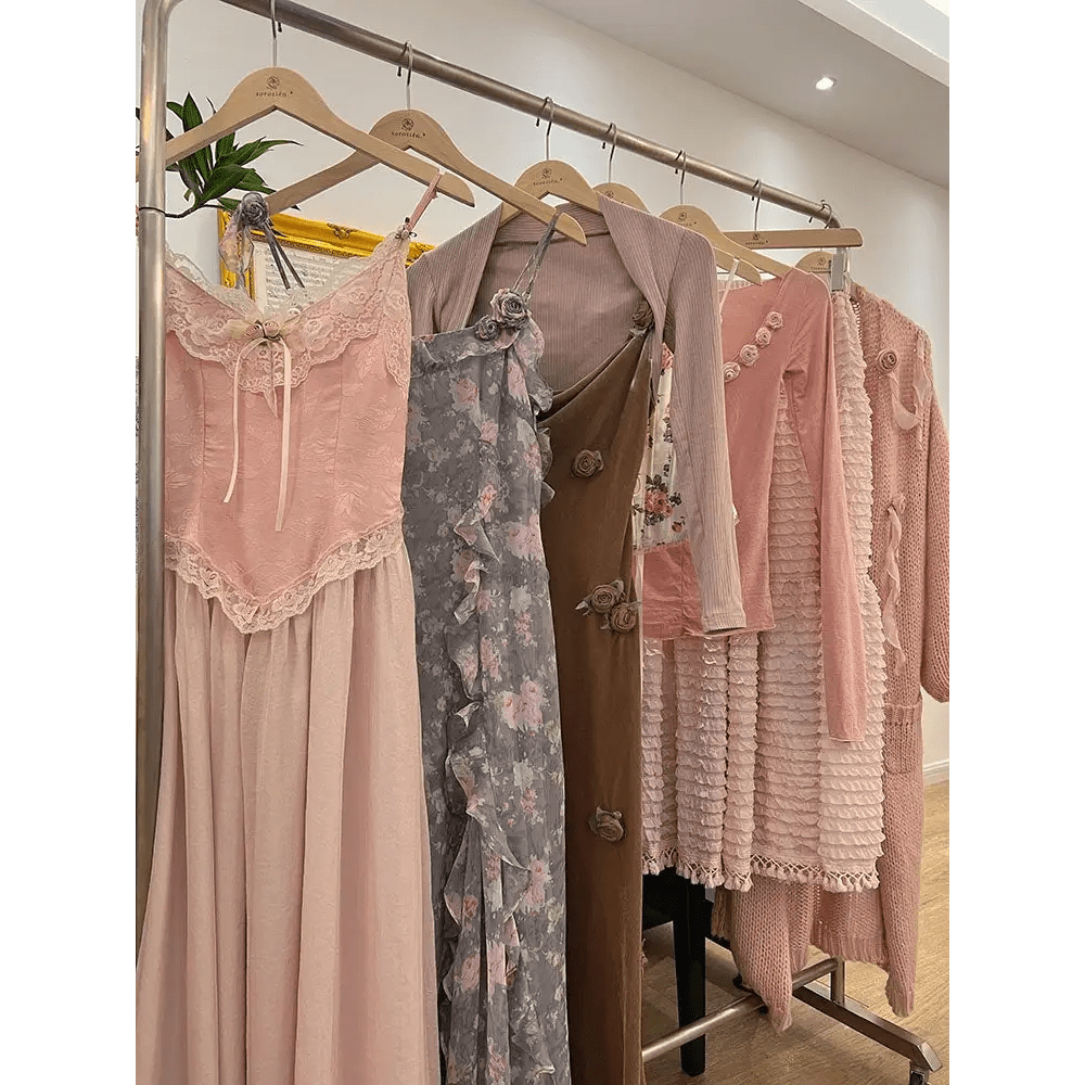 Velvet Baby Pink Tank Top with Lace and Rosebud Details - Cosparty