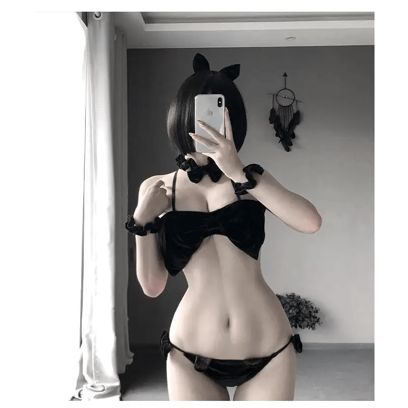 Velvet Christmas Lingerie Set with Bunny Ears for a Holiday Gift - Cosparty