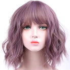 Short Wavy Pastel Purple Wig With Bangs Fringe Lace Front Kanekalon Fibre