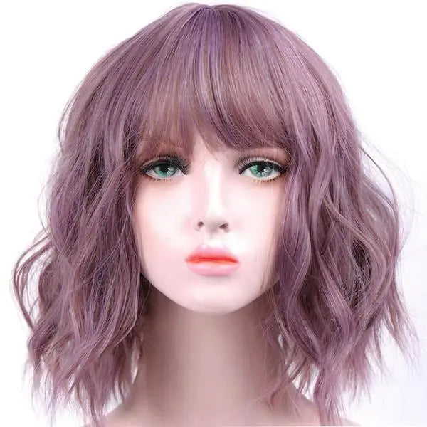 Short Wavy Pastel Purple Wig With Bangs Fringe Lace Front Kanekalon Fibre