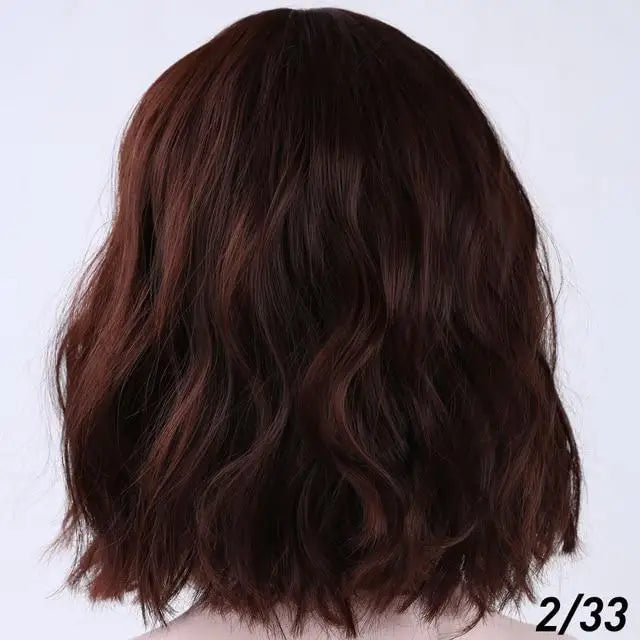 Short Wavy Brown Wig With Bangs Fringe Lace Front Kanekalon Fibre