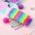 Bright Rainbow Vegan Fur Storage Pencil Bag Makeup Cosmetic Case Kawaii