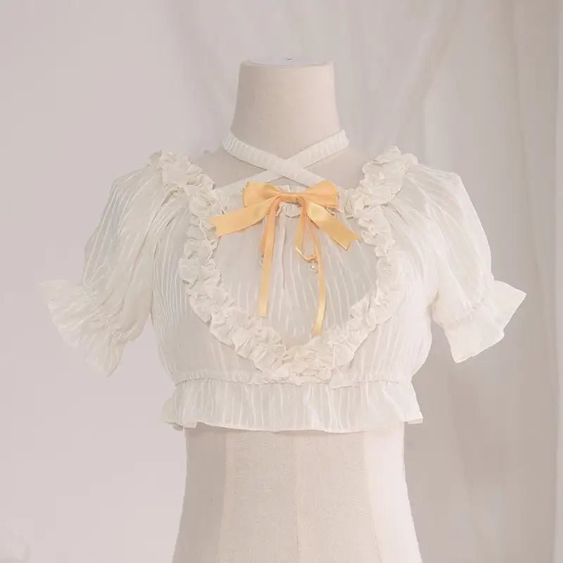Victorian Era Regal Bow Cropped Blouse with Elegant Details - Cosparty