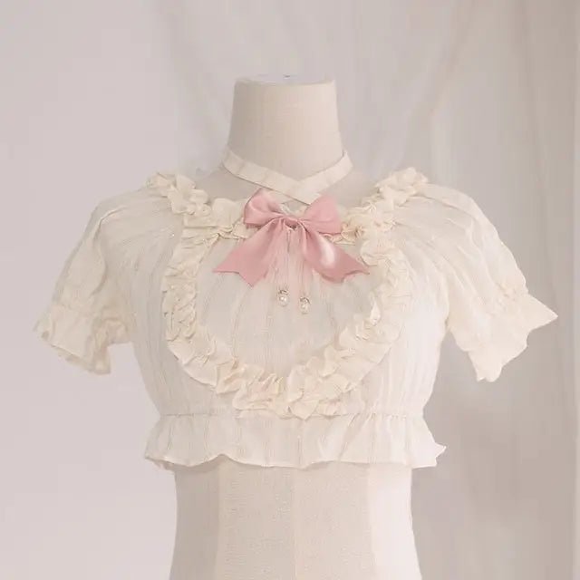 Victorian Era Regal Bow Cropped Blouse with Elegant Details - Cosparty