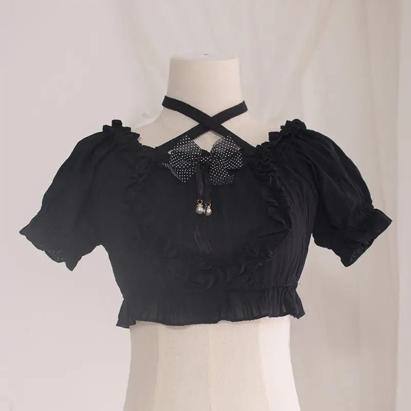 Victorian Era Regal Bow Cropped Blouse with Elegant Details - Cosparty