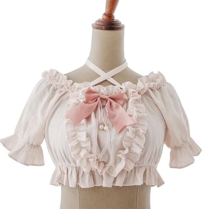 Victorian Era Regal Bow Cropped Blouse with Elegant Details - Cosparty