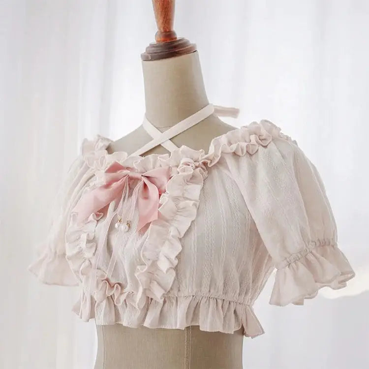 Victorian Era Regal Bow Cropped Blouse with Elegant Details - Shirt