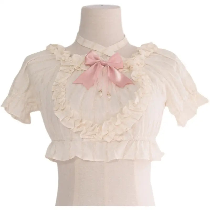 Victorian Era Regal Bow Cropped Blouse with Elegant Details - Shirt