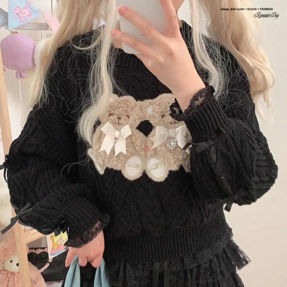 Vintage Teddy Bear Knit Sweater with Silk Ribbons and Pearl Details 58cm - sweater