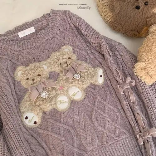 Vintage Teddy Bear Knit Sweater with Silk Ribbons and Pearl Details 58cm - Cosparty