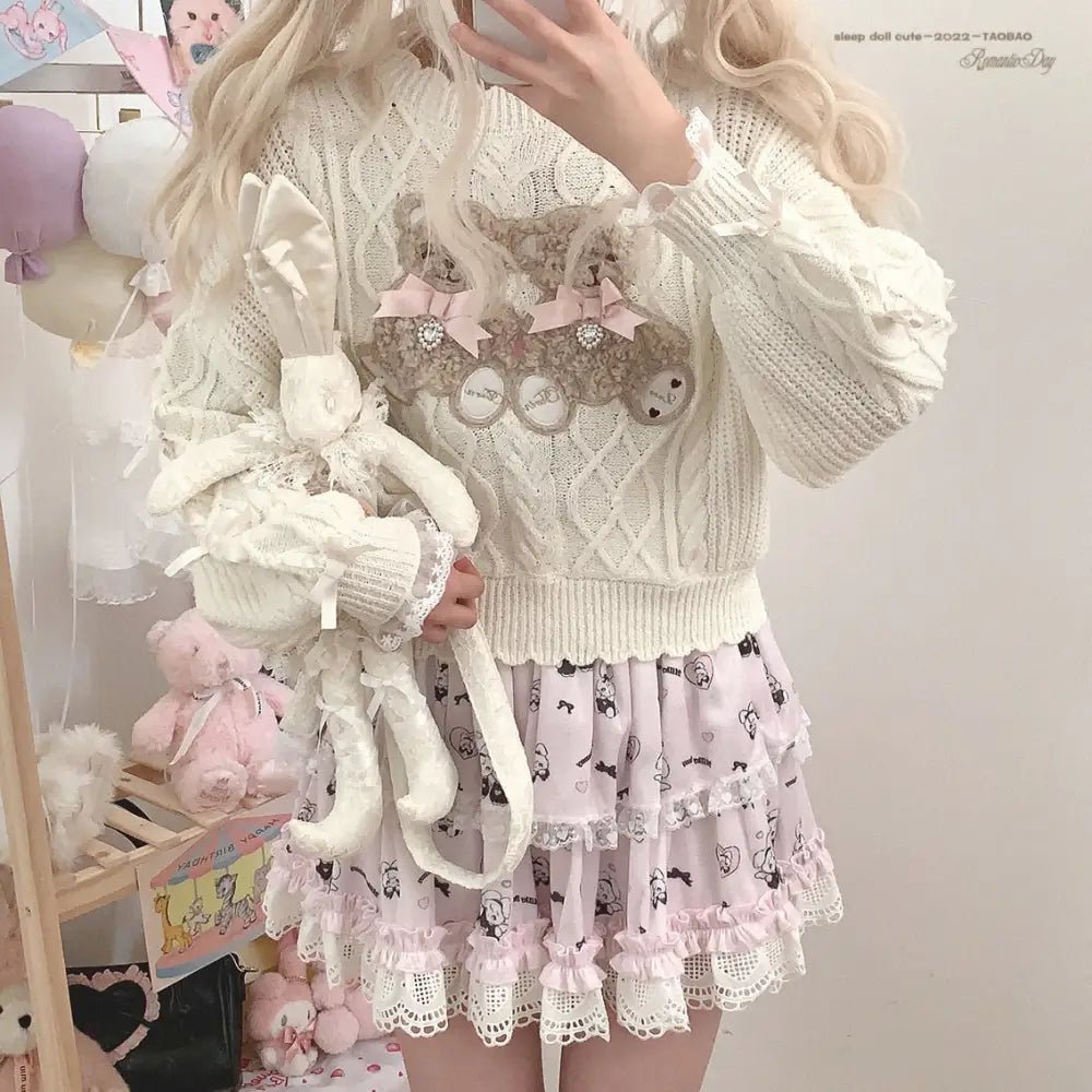 Vintage Teddy Bear Knit Sweater with Silk Ribbons and Pearl Details 58cm - Cosparty