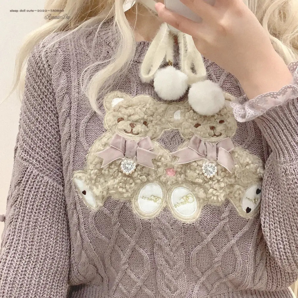 Vintage Teddy Bear Knit Sweater with Silk Ribbons and Pearl Details 58cm - Cosparty