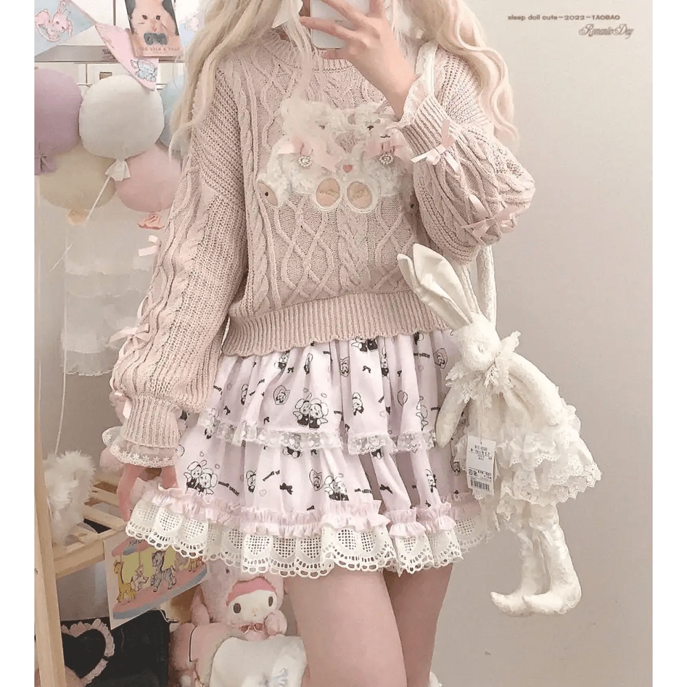 Vintage Teddy Bear Knit Sweater with Silk Ribbons and Pearl Details 58cm - Cosparty