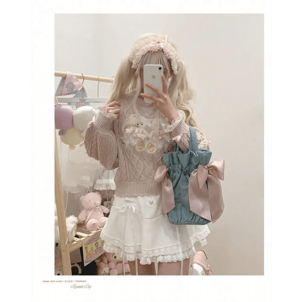 Vintage Teddy Bear Knit Sweater with Silk Ribbons and Pearl Details 58cm - Cosparty