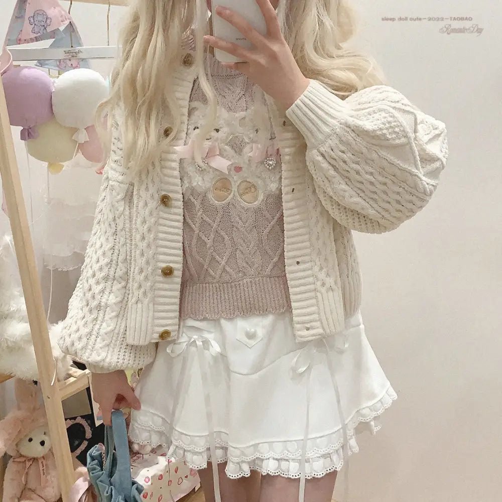 Vintage Teddy Bear Knit Sweater with Silk Ribbons and Pearl Details 58cm - Cosparty