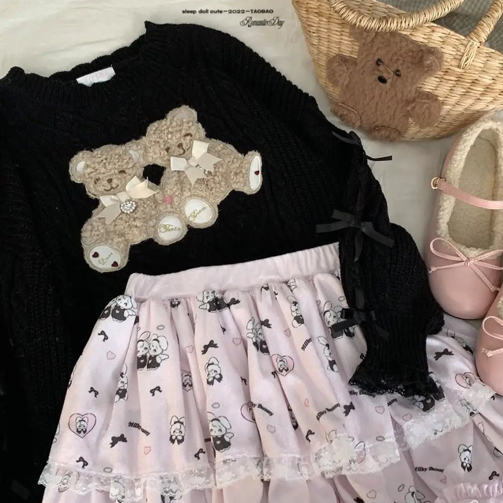 Vintage Teddy Bear Knit Sweater with Silk Ribbons and Pearl Details 58cm - Cosparty