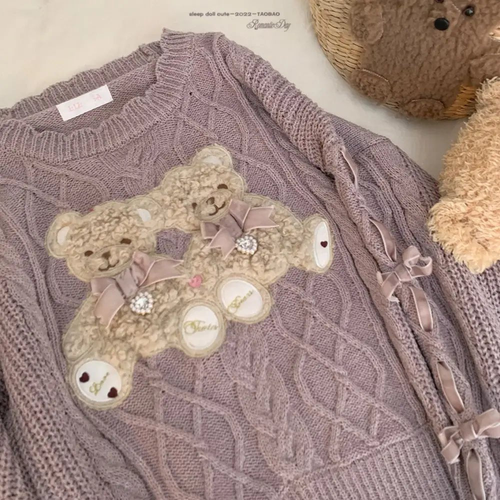 Vintage Teddy Bear Knit Sweater with Silk Ribbons and Pearl Details 58cm - Cosparty