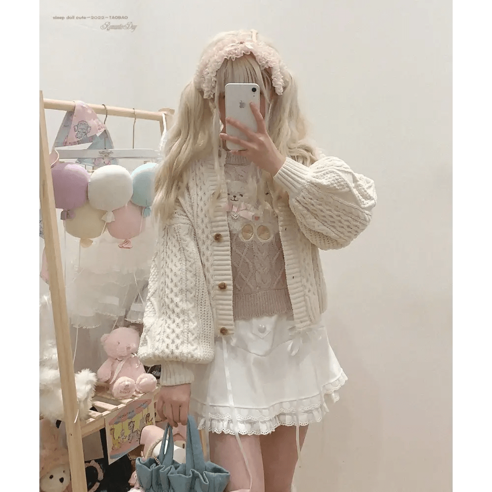 Vintage Teddy Bear Knit Sweater with Silk Ribbons and Pearl Details 58cm - Cosparty