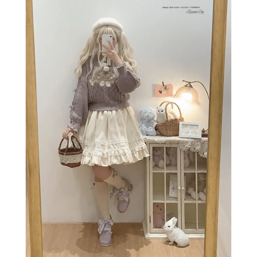 Vintage Teddy Bear Knit Sweater with Silk Ribbons and Pearl Details 58cm - Cosparty