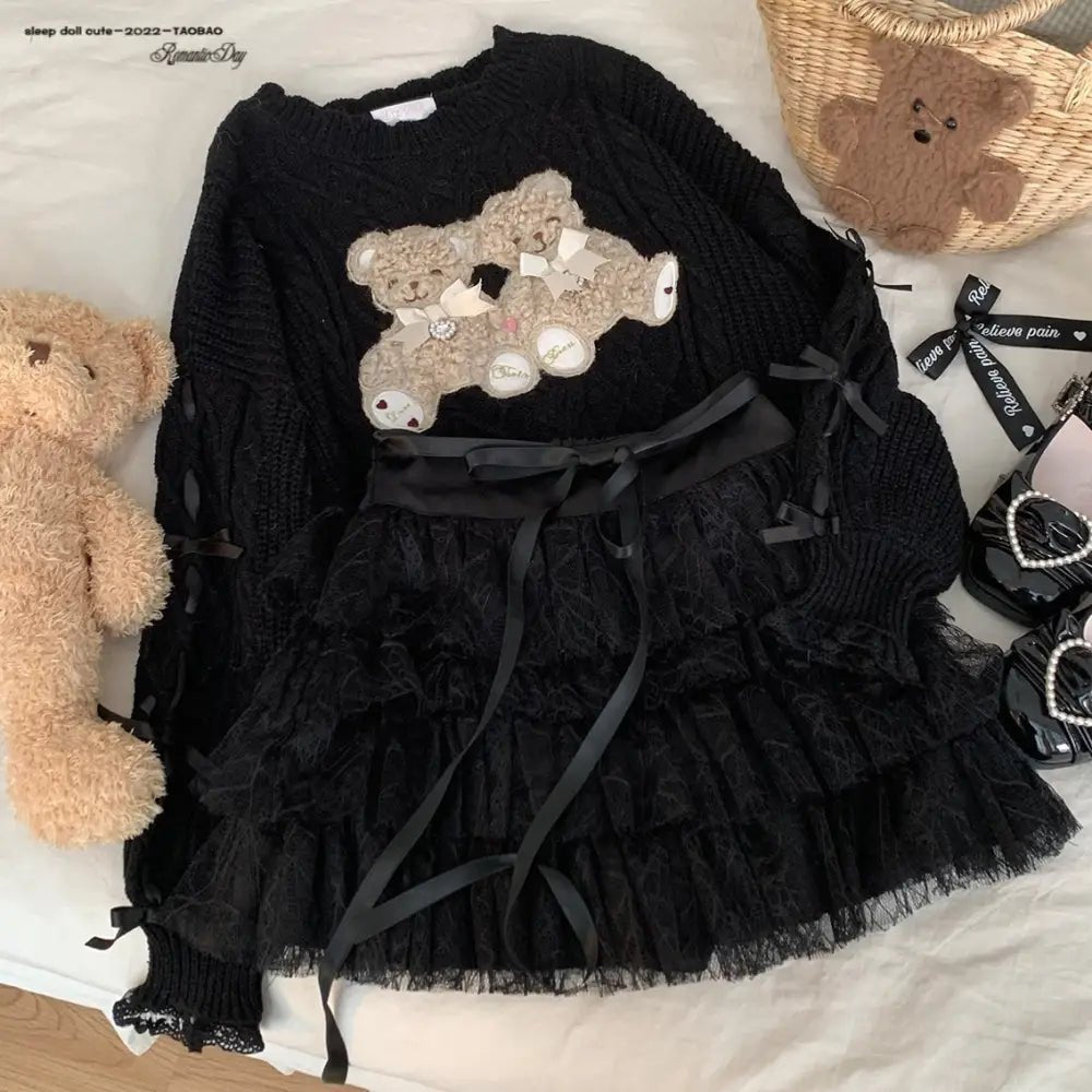 Vintage Teddy Bear Knit Sweater with Silk Ribbons and Pearl Details 58cm - Cosparty