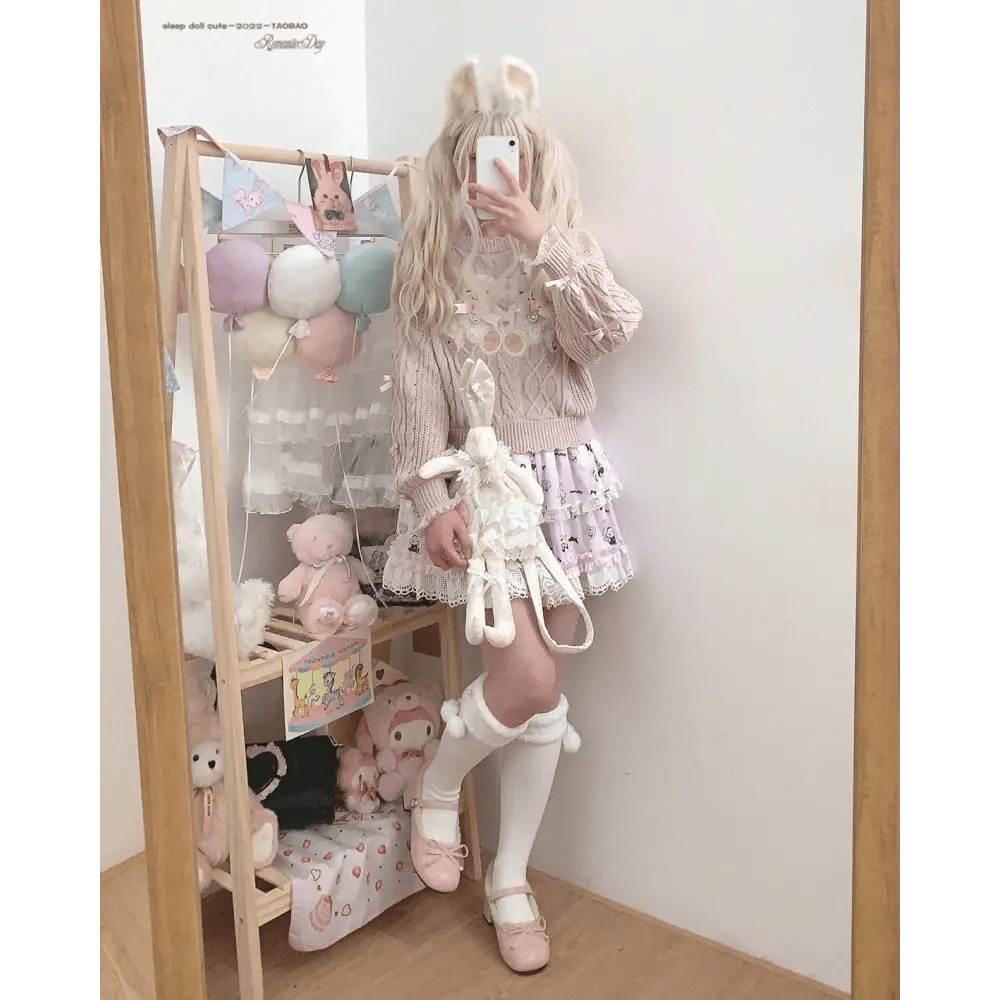 Vintage Teddy Bear Knit Sweater with Silk Ribbons and Pearl Details 58cm - Cosparty