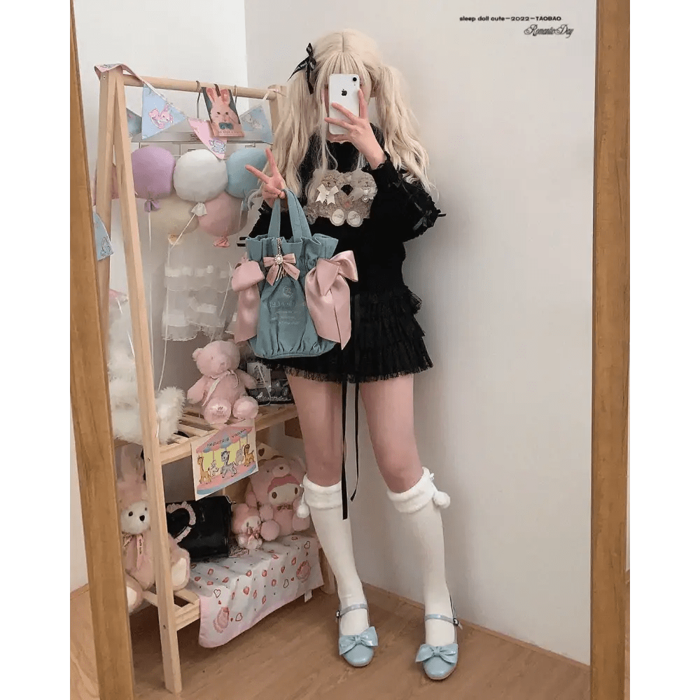 Vintage Teddy Bear Knit Sweater with Silk Ribbons and Pearl Details 58cm - Cosparty