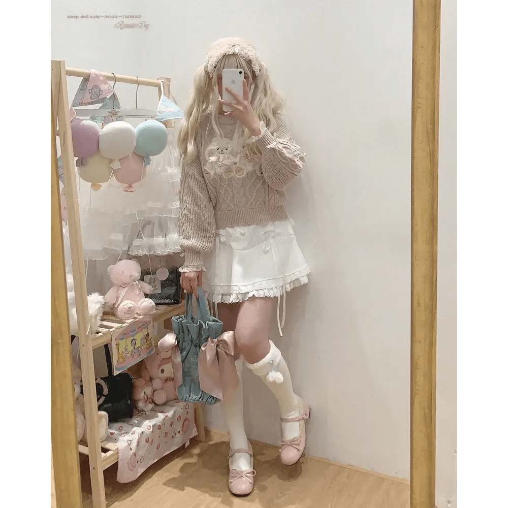 Vintage Teddy Bear Knit Sweater with Silk Ribbons and Pearl Details 58cm - Cosparty