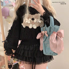 Vintage Teddy Bear Knit Sweater with Silk Ribbons and Pearl Details 58cm - Cosparty