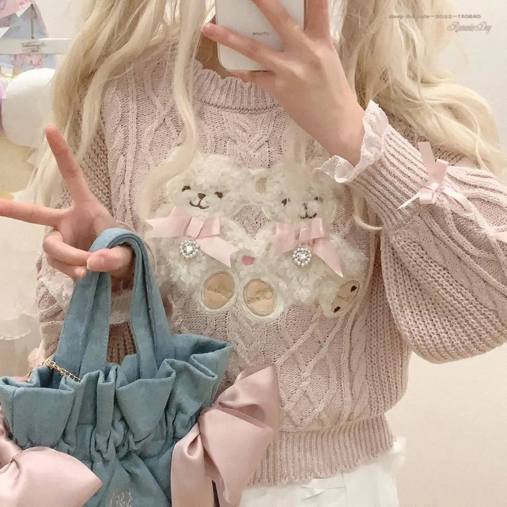 Vintage Teddy Bear Knit Sweater with Silk Ribbons and Pearl Details 58cm - Cosparty