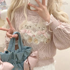 Vintage Teddy Bear Knit Sweater with Silk Ribbons and Pearl Details 58cm - Cosparty