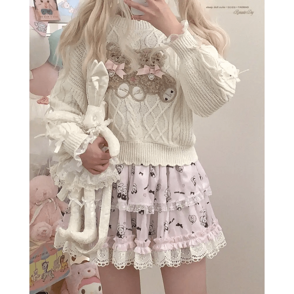 Vintage Teddy Bear Knit Sweater with Silk Ribbons and Pearl Details 58cm - Cosparty