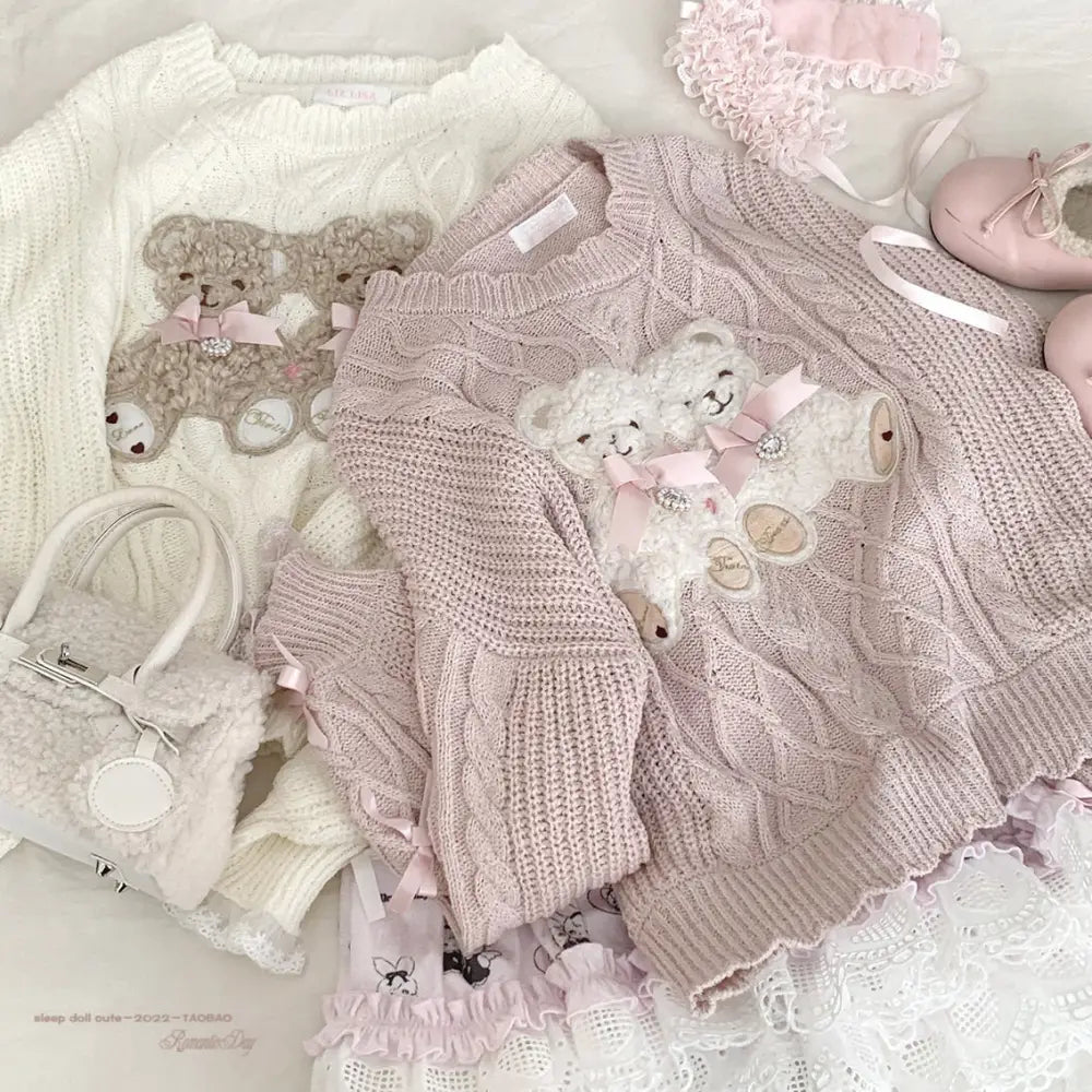 Vintage Teddy Bear Knit Sweater with Silk Ribbons and Pearl Details 58cm - Cosparty