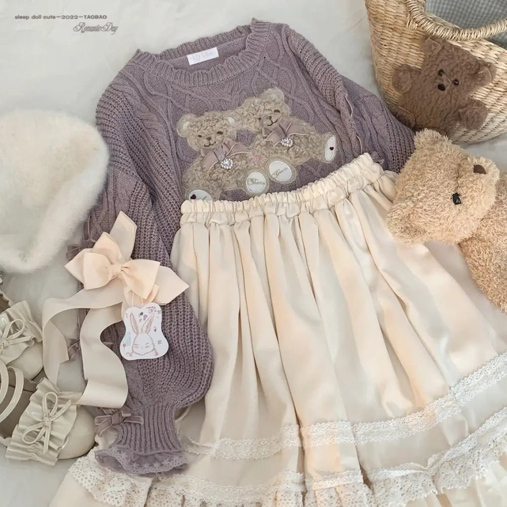 Vintage Teddy Bear Knit Sweater with Silk Ribbons and Pearl Details 58cm - Cosparty