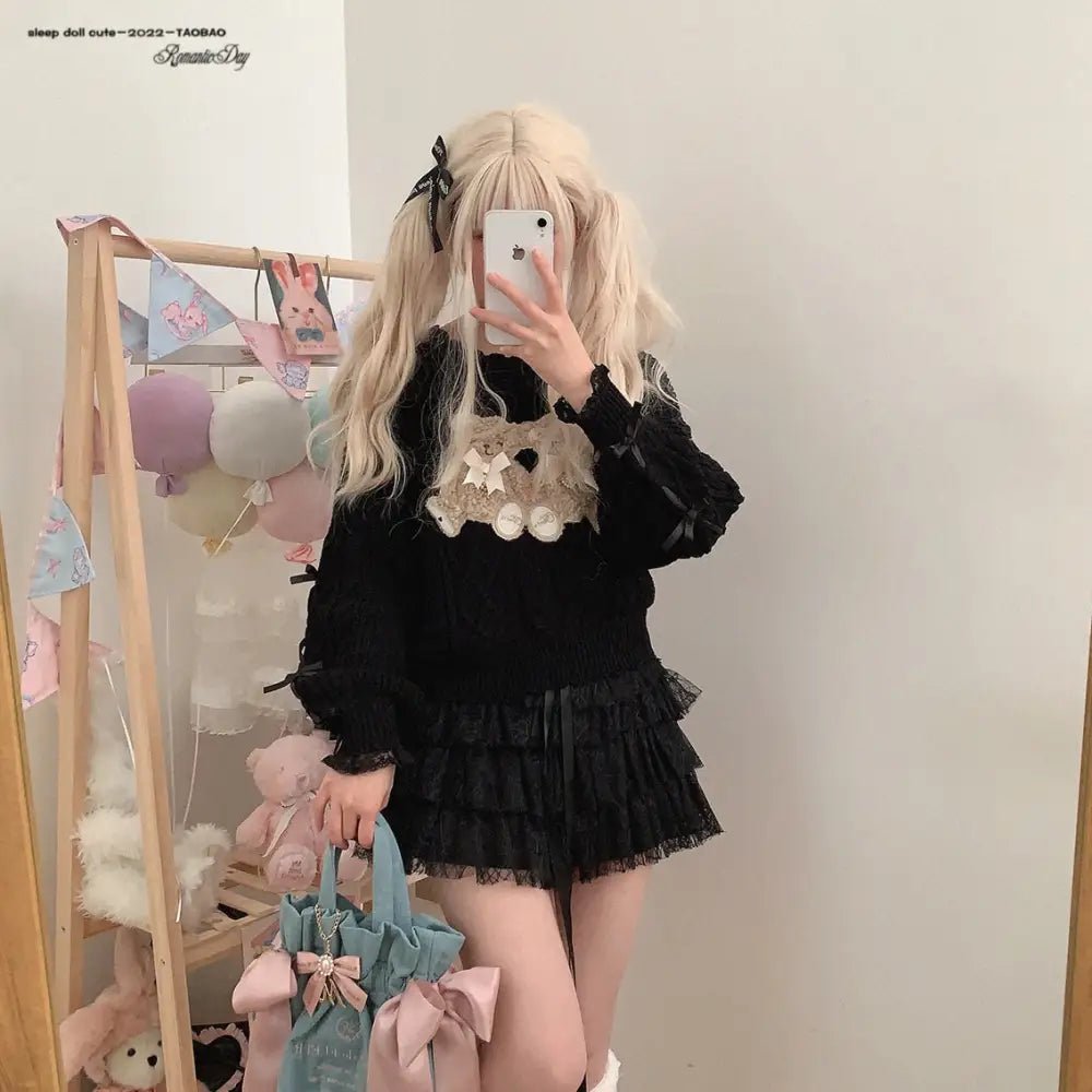 Vintage Teddy Bear Knit Sweater with Silk Ribbons and Pearl Details 58cm - Cosparty