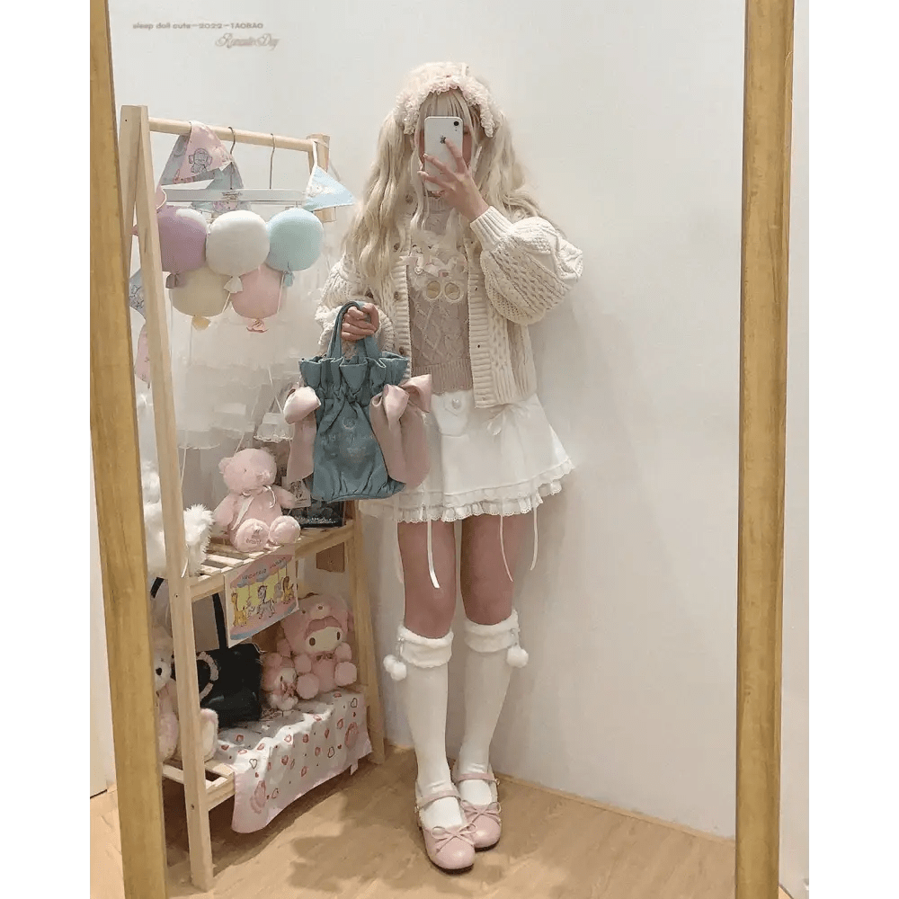 Vintage Teddy Bear Knit Sweater with Silk Ribbons and Pearl Details 58cm - Cosparty