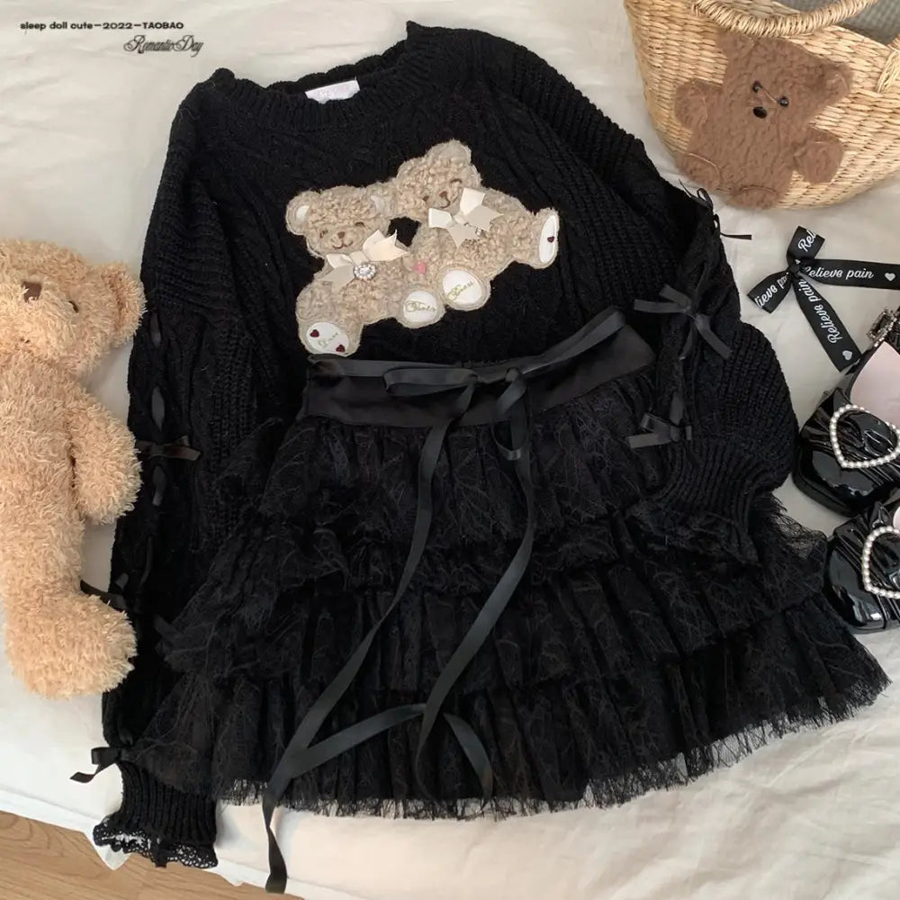 Vintage Teddy Bear Knit Sweater with Silk Ribbons and Pearl Details 58cm - sweater