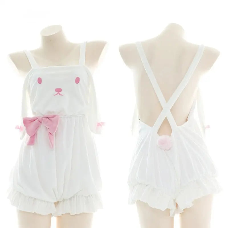 White and Pastel Pink Fairy-Kei Suspender Shortalls - sweater