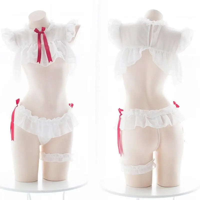 White and Red Inspired Lingerie Set with Bows and Frills - lingerie