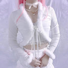 White Fur Trim Striped Cable Knit Cardigan for Cozy Days - Cosparty