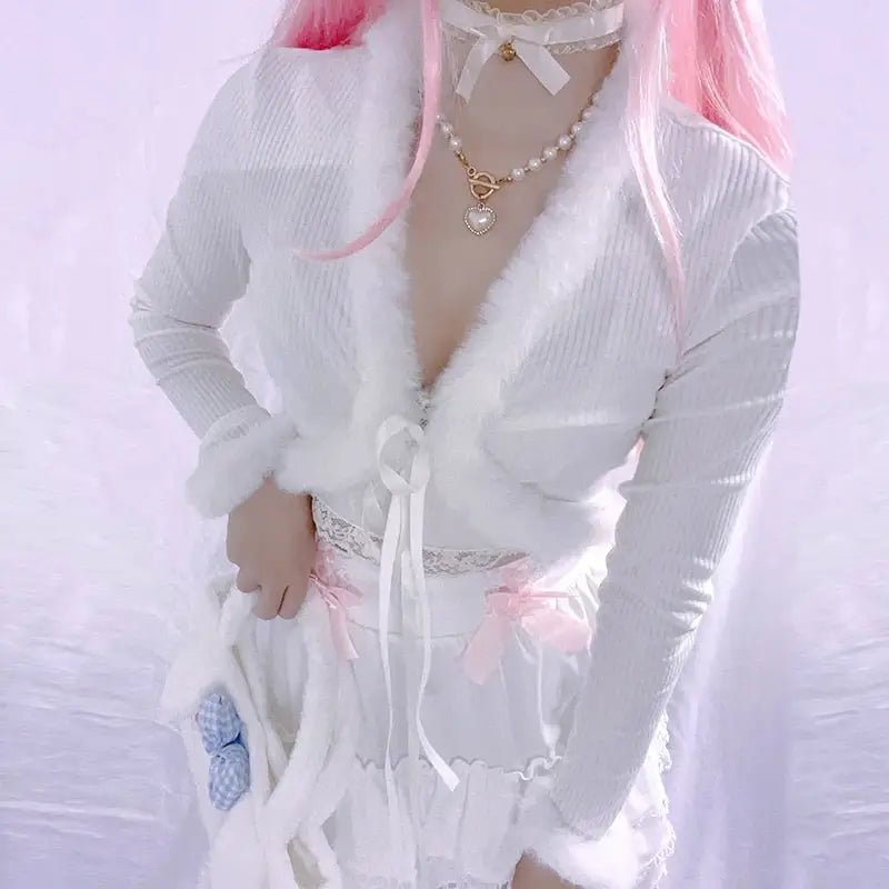 White Fur Trim Striped Cable Knit Cardigan for Cozy Days - Cosparty