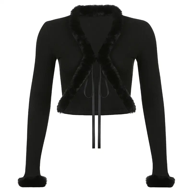 White Fur Trim Striped Cable Knit Cardigan for Cozy Days - Cosparty