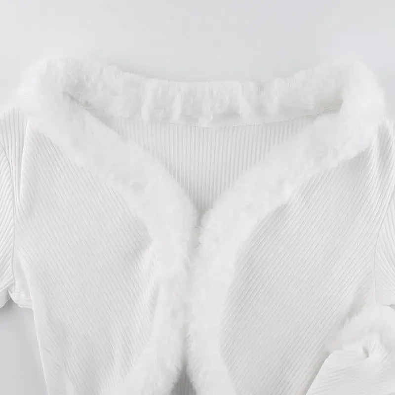 White Fur Trim Striped Cable Knit Cardigan for Cozy Days - sweater