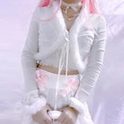 White Fur Trim Striped Cable Knit Cardigan for Cozy Days - Cosparty