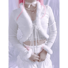 White Fur Trim Striped Cable Knit Cardigan for Cozy Days - Cosparty