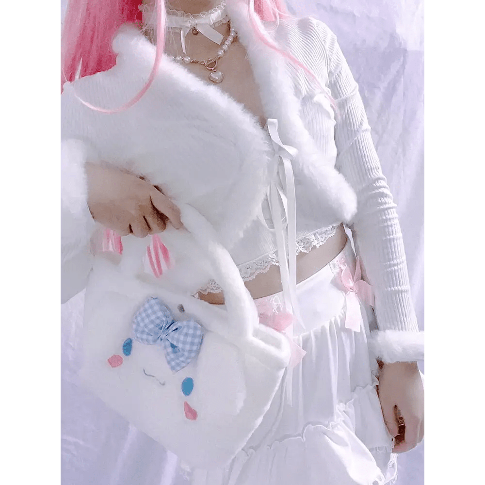 White Fur Trim Striped Cable Knit Cardigan for Cozy Days - Cosparty