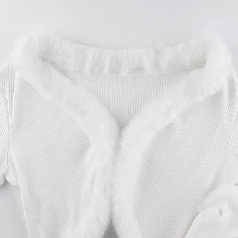 White Fur Trim Striped Cable Knit Cardigan for Cozy Days - Cosparty